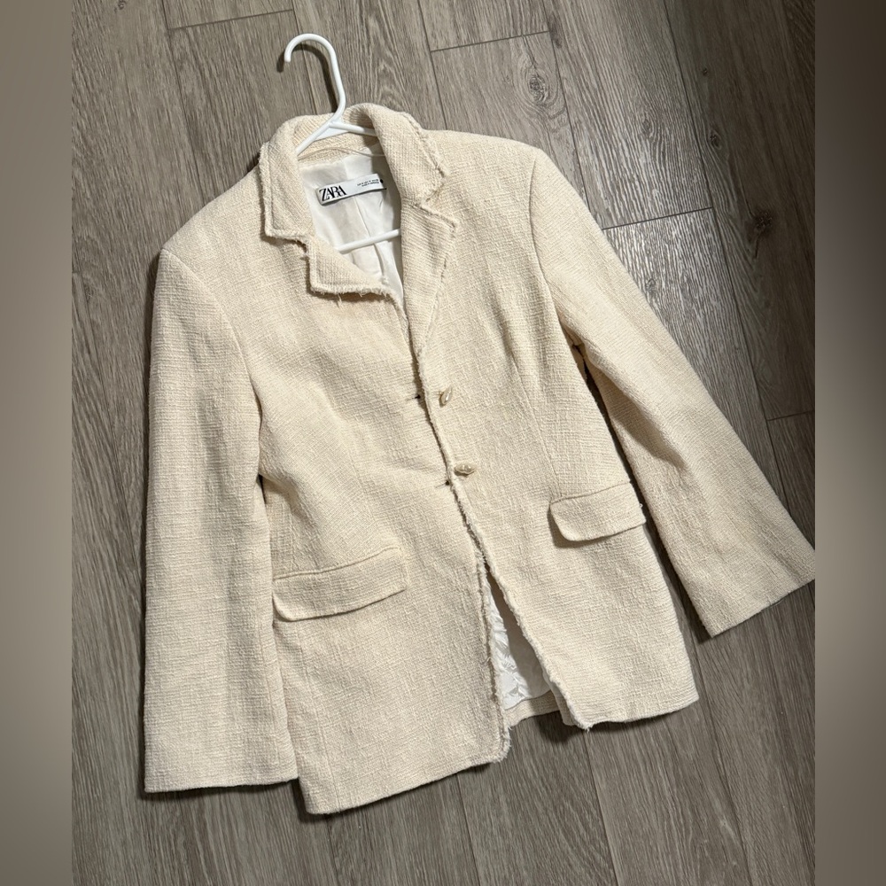 Zara Tweed TEXTURED COTTON BLAZER W/ POCKETS PEARL BUTTONS BEIGE